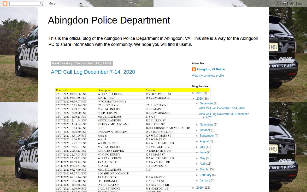 Abingdon Police historical call-log record page in Washington County